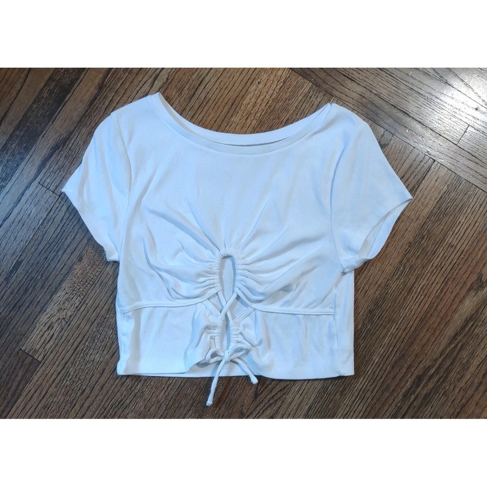 Wild Fable White Ribbed Crop Top Keyhole Cutout Ruched Tie Front XL 4033